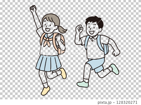 一位男女國中生背著背包精力充沛地奔跑的插圖 128320271