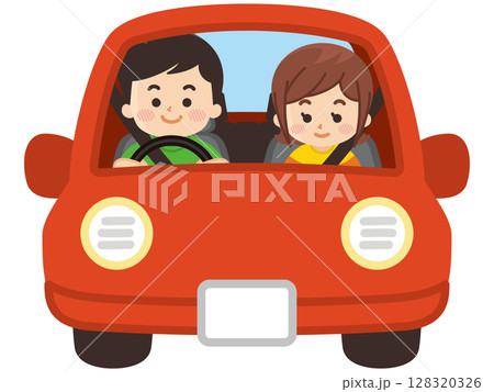 赤い車でドライブしている若いカップル 128320326