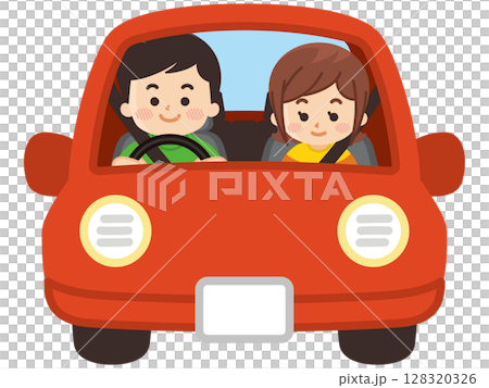 赤い車でドライブしている若いカップル 128320326