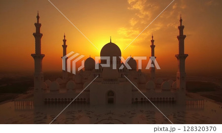 beautiful landscape photograph of a mosque at sunset. The sky is a gradient of orange hues 128320370