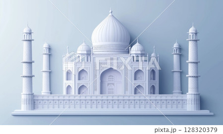 digital illustration of the mini Taj Mahal,. The background is a light blue color, and the monument is white in color. digital illustration of the mini Taj Mahal,. The background is a light blue color, and the monument is white in color. 128320379