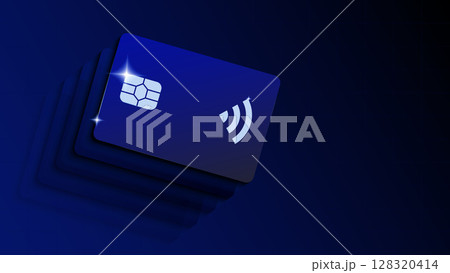 Contactless bank card with glowing chip and signal icon on dark background 128320414