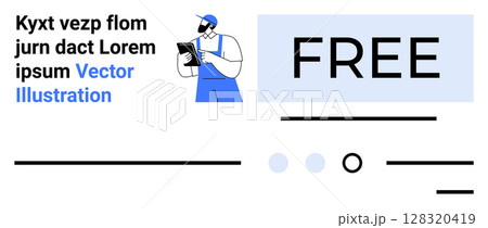 Man in blue overalls and cap holding clipboard. Free text prominent in light blue box. Black and blue text. Geometric lines and circles. Ideal for promotional, commercial, technical themes. Landing 128320419