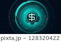 Dollar symbol inside futuristic rotating teal interface expressing power and financial precision 128320422