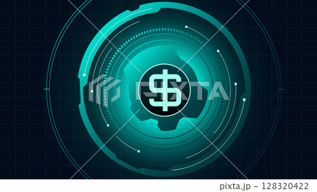 Dollar symbol inside futuristic rotating teal interface expressing power and financial precision 128320422