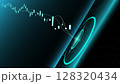 Vector design. Digital trading candlestick chart moving into glowing circular target 128320434