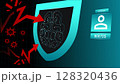 Digital brain on shield blocks virus and arrow attacks near online account balance 128320436