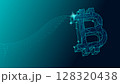 Wireframe glowing bitcoin symbol flying with sparkles on blue background 128320438
