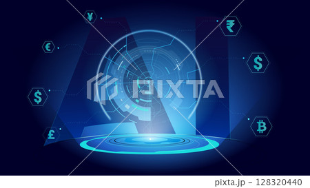 Futuristic digital financial dashboard with currency symbols 128320440