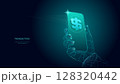 Vector design. Digital polygonal hand holding smartphone glowing dollar symbol 128320442