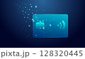 Futuristic glowing credit card with contactless payment chip and data lines 128320445