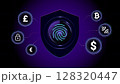 Futuristic fingerprint shield protection interface with digital currency icons 128320447