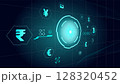 Vector design. Futuristic digital currency interface with glowing symbols on dark grid 128320452