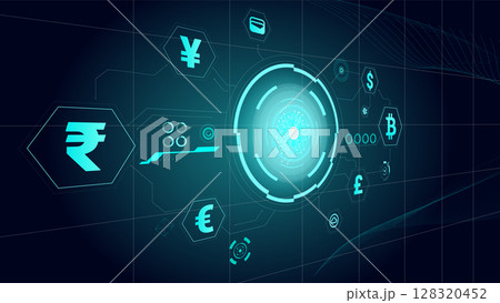 Vector design. Futuristic digital currency interface with glowing symbols on dark grid 128320452