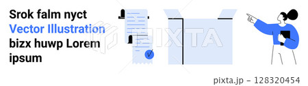 Open box, documents clipped with checkmark on clipboard, team member pointing while holding tablet. Ideal for project planning, collaboration, teamwork, productivity, efficiency, business Open box, documents clipped with checkmark on clipboard, team member pointing while holding tablet. Ideal for project planning, collaboration, teamwork, productivity, efficiency, business 128320454