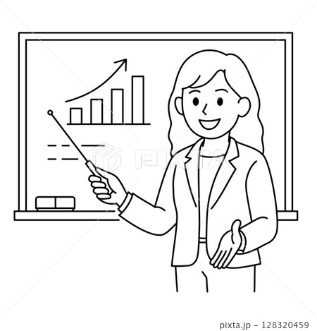ホワイトボードで説明する若手女性(スーツ姿・線画) ホワイトボードで説明する若手女性(スーツ姿・線画) 128320459
