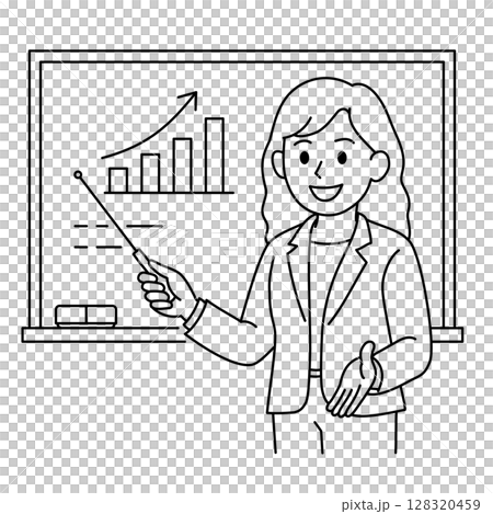 ホワイトボードで説明する若手女性(スーツ姿・線画) ホワイトボードで説明する若手女性(スーツ姿・線画) 128320459