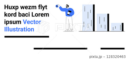 Man holding a tablet and a blue disc, standing next to ascending graph bars. Ideal for data analysis, business growth, presentations, reports, market research, financial consulting, tech articles 128320463