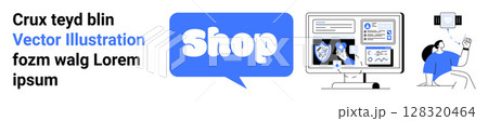 A modern design with the word Shop, a computer with tech icons, and a person using a smartphone. Ideal for online shopping, tech support, e-commerce, digital marketing, and web development. Banner 128320464
