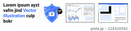 Shield with padlock, graphs with data points, website layout with blocks. Ideal for protection, security, data analysis, cybersecurity, online safety, website traffic, digital analytics. Landing page 128320502