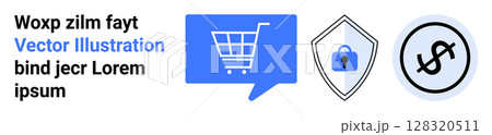 Shopping cart, security shield with lock, and dollar sign icons. Ideal for e-commerce, online retail, online security, digital payments, finance, secure transactions, web design. Landing page 128320511