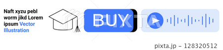 Graduation cap, buy button, and audio player icons. Ideal for e-learning, online courses, digital marketplaces, educational platforms, website buttons, audio content, user interfaces. Landing page 128320512