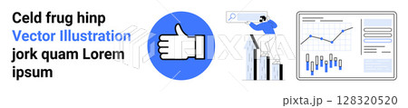 Thumbs-up icon, person analyzing chart on bar graph, data analytics panel with graphs. Ideal for performance metrics, social media engagement, teamwork, data-driven decisions, business growth 128320520