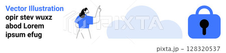 Character pointing at floating cloud with text on left. Large blue cloud icon in center. Blue padlock on right. Ideal for cloud storage, data security, privacy, digital protection, online services Character pointing at floating cloud with text on left. Large blue cloud icon in center. Blue padlock on right. Ideal for cloud storage, data security, privacy, digital protection, online services 128320537