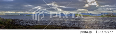 Panoramic view of Hofn Iceland with Vatnajokull glacier and dramatic sky 128320577