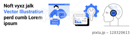 Man holding cashback sign, a data analytics chart on tablet, wrench and gear, AI headset. Ideal for financial incentives, customer engagement, business management, tech support, AI concepts, data 128320613