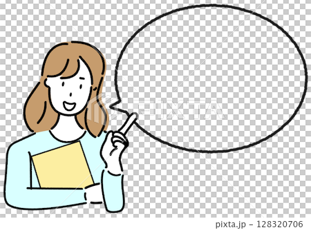 A young woman pointing and a speech bubble 128320706