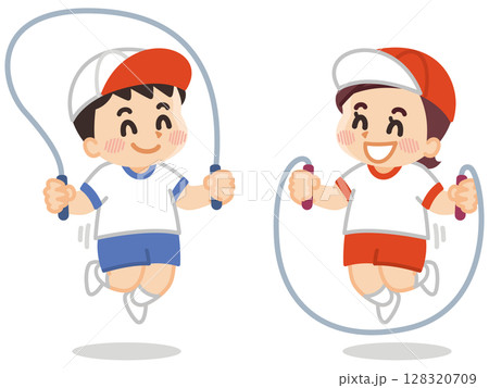 体操服を着ている子供が縄飛びをしている 128320709