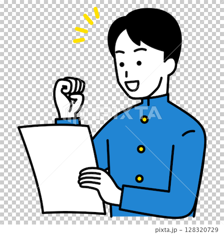 書類を見て喜ぶ男子学生 128320729