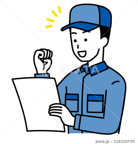 書類を見て喜ぶつなぎ作業服の男性 書類を見て喜ぶつなぎ作業服の男性 128320730