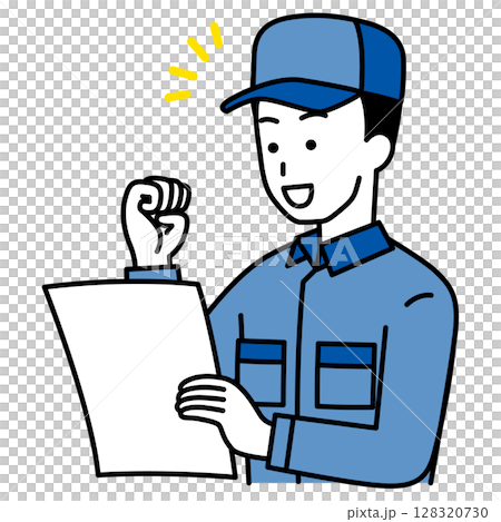 書類を見て喜ぶつなぎ作業服の男性 書類を見て喜ぶつなぎ作業服の男性 128320730