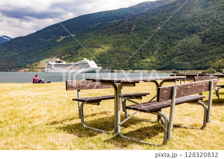 Rest area and cruise ship on fjord, Flam Norway 128320832