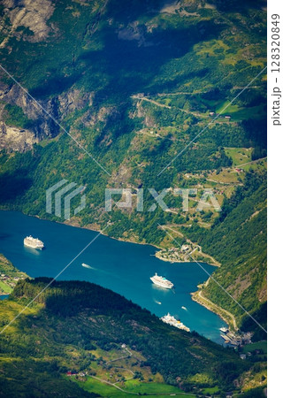 Fjord Geiranger from Dalsnibba viewpoint, Norway Fjord Geiranger from Dalsnibba viewpoint, Norway 128320849