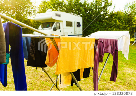 Clothes hanging to dry outdoor at caravan Clothes hanging to dry outdoor at caravan 128320878