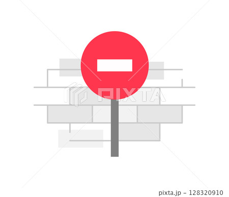depicting restricted or blocked access. Features a crossbar with a minus sign and a wall symbolizing limitation or denial of entry 128320910