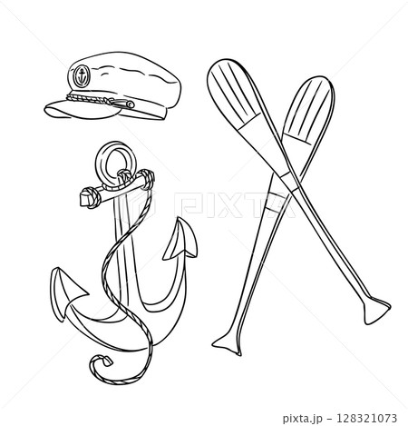 Nautical hand drawn set with captain hat, anchor and oars, isolated on white background 128321073