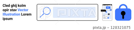 Magnifying glass inside a search bar, smartphone displaying mobile applications, blue lock icon for security. Ideal for technology, online security, search engines, internet safety, mobile apps 128321075
