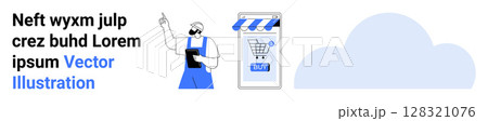 Shopkeeper pointing at text, digital storefront with shopping cart icon and buy button, blue cloud shape. Ideal for e-commerce, digital marketing, online shopping, web design, business presentations 128321076
