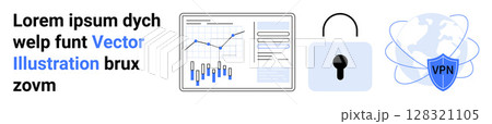 Business data analytics charts, security lock, VPN shield, world map. Ideal for cybersecurity, VPN services, online privacy, data analysis, global connectivity, internet security, technology. Landing 128321105