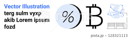 Percent sign, Bitcoin symbol, cloud network, and database icons. Ideal for fintech, blockchain, cryptocurrency, finance, technology, data analysis investment Landing page 128321113