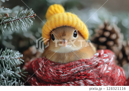 Cute winter bird with yellow hat and cozy scarf in snowy forest with pine branches 128321116