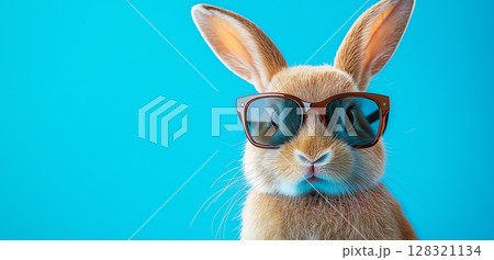 Stylish rabbit wearing sunglasses with a bright blue background on a sunny day 128321134