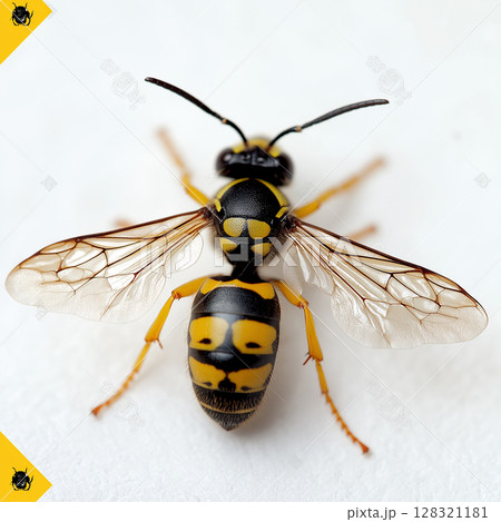 Macro close-up of a wasp in nature showcasing vibrant yellow and black detail with wings Macro close-up of a wasp in nature showcasing vibrant yellow and black detail with wings 128321181
