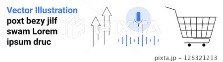 Microphone with sound waves, upward arrows, and shopping cart symbolize tech progress and e-commerce. Ideal for tech startups, online shopping, digital marketing, innovation, user interface, retail Microphone with sound waves, upward arrows, and shopping cart symbolize tech progress and e-commerce. Ideal for tech startups, online shopping, digital marketing, innovation, user interface, retail 128321213