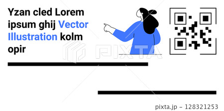 Businesswoman in blue attire pointing to a QR code. Ideal for business, technology, marketing, advertisements, promotions, educational content, and web design. Banner for landing page 128321253