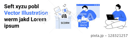 Three scenes person with laptop, SCORM file conversion, and cash back screen. Ideal for business, education, e-learning, marketing, technology, customer loyalty, digital transformation themes Three scenes person with laptop, SCORM file conversion, and cash back screen. Ideal for business, education, e-learning, marketing, technology, customer loyalty, digital transformation themes 128321257